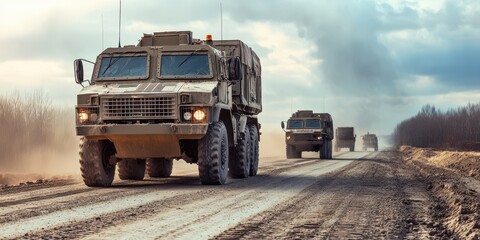 Fototapeta premium Military vehicles driving on a dusty road, showcasing power and endurance in challenging terrain and conditions.