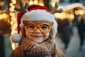 Smiling child wearing Santa hat and reindeer glasses, festive lights in background	