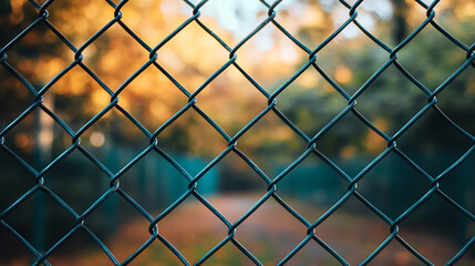 Fototapeta premium chain-link fence stands out against a softly blurred background, symbolizing boundaries, separation, and the contrast between freedom and confinement