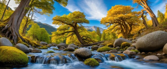 Stunning autumn landscape featuring colorful trees by a flowing river, showcasing nature's beauty and tranquility in a serene outdoor setting.