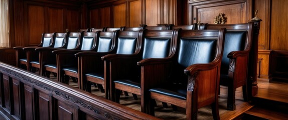 Elegant courtroom interior showcasing ornate wooden jury seats, emphasizing justice, law, authority, and historical significance in legal proceedings.