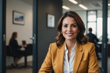 Fototapeta premium Latin Businesswoman with coffee cup while sitting at entrance in office