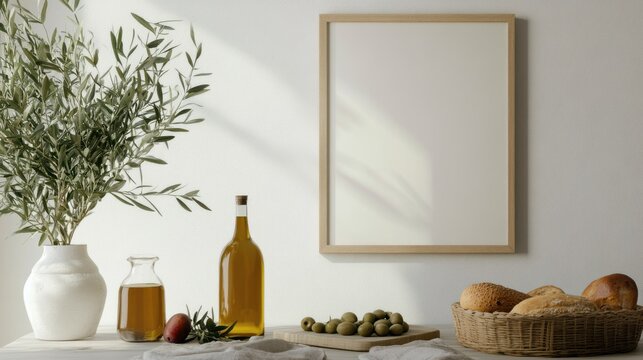 A table against an empty white wall, olive branches and fruits, olive oil and bread on the table, a painting in a rectangular frame on the wall	
