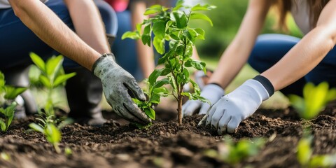 Two individuals planting a young tree in rich soil, showcasing the importance of nurturing nature and teamwork in gardening.