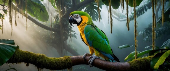 Obraz premium Vibrant macaw perched on branch in lush rainforest, sunlight filtering through foliage. A stunning representation of tropical wildlife and biodiversity.