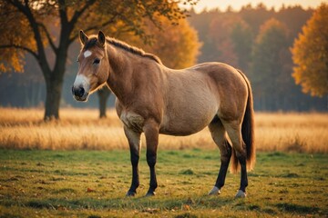 przewalski's horse (equus ferus przewalskii) on meadow in autumn, beautiful soft evening light