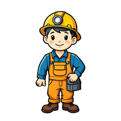 Cute little mine worker in professional uniform, cartoon character isolated on white