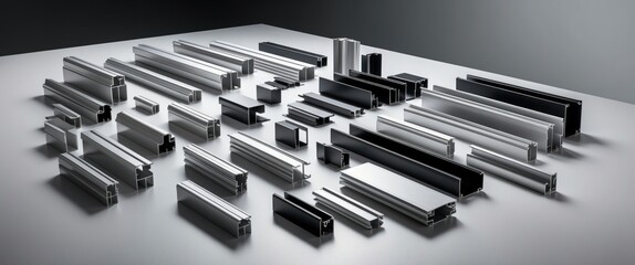 Collection of aluminum profiles arranged on a surface, showcasing precision components ideal for modern construction and manufacturing projects.