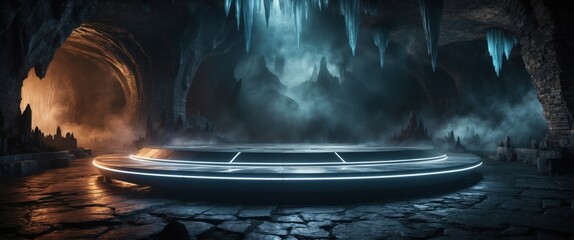 Futuristic cave scene with glowing circular platform, surrounded by dark, eerie atmosphere and illuminated crystals, ideal for sci-fi or fantasy themes.