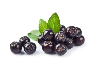 Aronia berries with leaves on white backgrounds