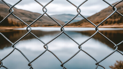 Fototapeta premium chain-link fence stands out against a softly blurred background, symbolizing boundaries, separation, and the contrast between freedom and confinement