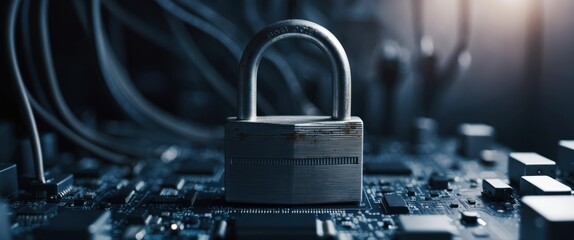 Lock symbolizes security in a digital environment, emphasizing importance of data protection and privacy in technology-driven society.