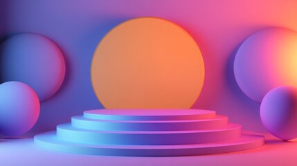 Obraz premium Geometric 3D rendering of a colorful podium with a circular background, illuminated by a top-down spotlight.