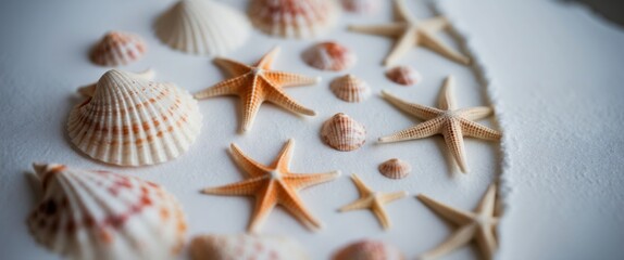 Seashells and starfish on a light surface evoke coastal beauty, perfect for summer decor, beach-themed events, or nature-inspired designs.
