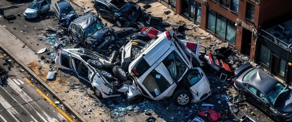 Massive vehicle collision in urban area with multiple damaged cars scattered across the street. Emergency response visible in chaotic scene.