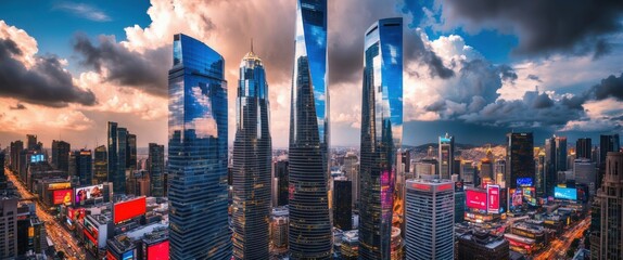 Fototapeta premium Vibrant city skyline featuring modern skyscrapers illuminated by sunset, showcasing urban architecture and bustling atmosphere in a financial district.