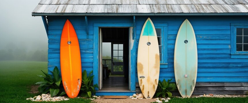 Bright colored surfboards against a blue wooden house in a foggy seaside setting, evoking relaxation and summer beach fun. - Powered by Adobe