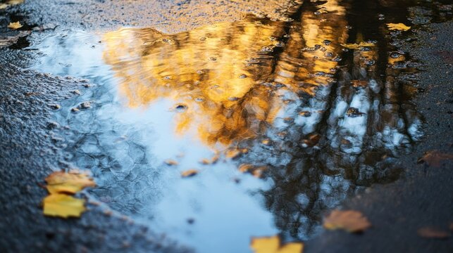 Reflections of Fall Foliage in a Puddly Surface