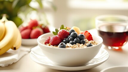 Healthy breakfast with oatmeal, fresh fruit, and a cup of tea