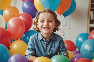 Obraz premium Portrait of happy with balloons behind at home, birthday party