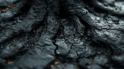 Fototapeta premium Detailed close-up of charred tree bark revealing cracks and texture after a wildfire in a forested area during late afternoon light