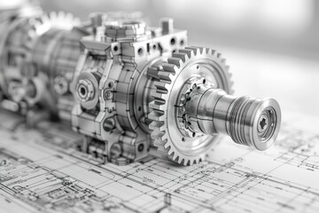 Closeup of a metallic gear and shaft on a blueprint.