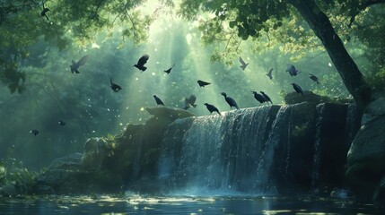 Fototapeta premium Birds Gathering Around a Waterfall in a Lush Forest
