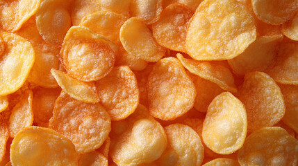 potato chips arranged in a satisfying texture, offering a close-up view of their crunchy, golden surface. Perfect for themes of indulgence and snack pleasure