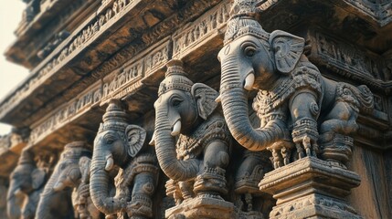 Fototapeta premium Stone Carvings of Elephants on an Ancient Temple Wall