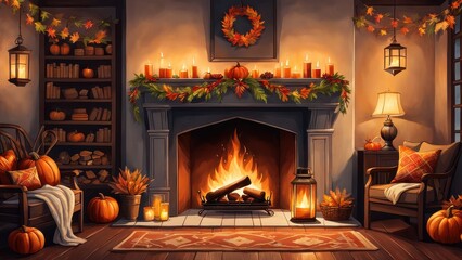 Cozy autumn living room with a fireplace, pumpkins, and warm decorations for a festive atmosphere.