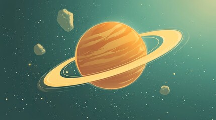 Flat 2D cartoon illustration depicting a planet surrounded by a ring