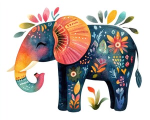 Obraz premium Whimsical watercolor elephants adorned with vibrant decorative elements set against a white background