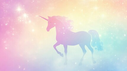 Naklejka premium Rainbow gradient sky backdrop featuring a whimsical unicorn theme with glitter and stars Holographic pastel texture complemented by a bokeh effect perfect for 2D cartoon wallpaper