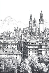 Fototapeta premium Trento, Italy, black and white pen pencil hand-drawn effect portrait drawing illustration for travel poster, card, wallpaper, backdrop or banner. Modern, clear, artistic and simple