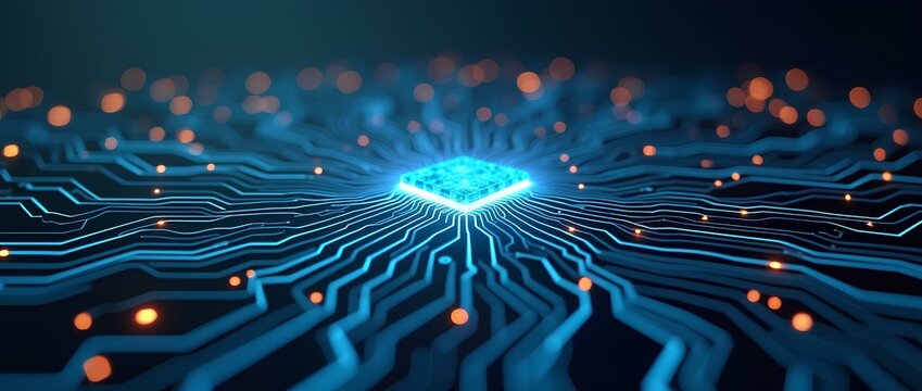 Abstract circuit board futuristic technology processing background digital computer CPU binary microchip processor futuristic computing science hardware laptop motherboard virtual integration banner.