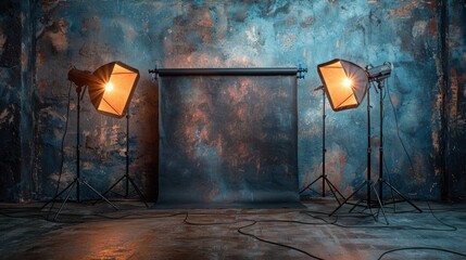 A photo studio with two lights and a backdrop.