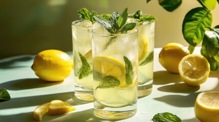 Fototapeta premium Iced lemonade with fresh mint and lemon slices on a sunny day