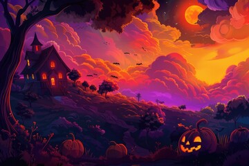 Halloween Night with Eerie Bats and Pumpkins..