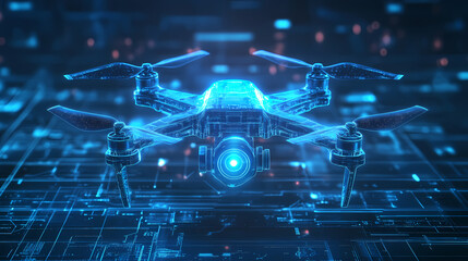 Smart blue digital hologram drone with camera , ai in aerial surveillance systems, autonomous flight navigation, remote sensing technologies, and disaster response coordination. Hologram. Illustration