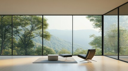 Fototapeta premium Minimalist modern home with floor-to-ceiling windows overlooking nature