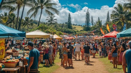 Crowds enjoying a lively local festival on Hawaii Island with food stalls and games