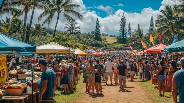 Crowds enjoying a lively local festival on Hawaii Island with food stalls and games