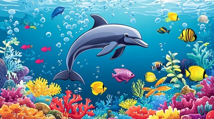 Fototapeta premium A dolphin swims through a vibrant coral reef, surrounded by colorful fish and bubbles.