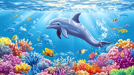 Fototapeta premium A dolphin swims through a vibrant coral reef with colorful fish and a sunbeam shining through the water.