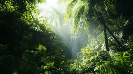 Dense tropical forest on Hawaii Island with a hidden waterfall
