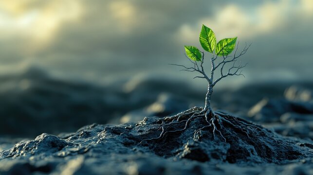 Symbolizing optimism a leafless tree in crisis stands with one green leaf representing persistence and determination in business or psychology enhanced by 3D elements