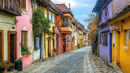 Fototapeta premium Old European street with colorful buildings and cobblestone roads 