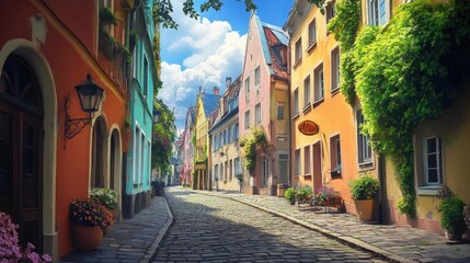 Fototapeta premium Old European street with colorful buildings and cobblestone roads 