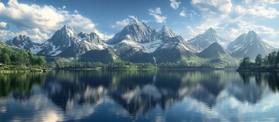Fototapeta premium 3D landscape illustration showcasing majestic mountains reflected in serene waters with a surrealist theme