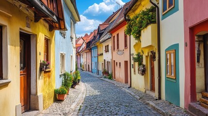 Old European street with colorful buildings and cobblestone roads 